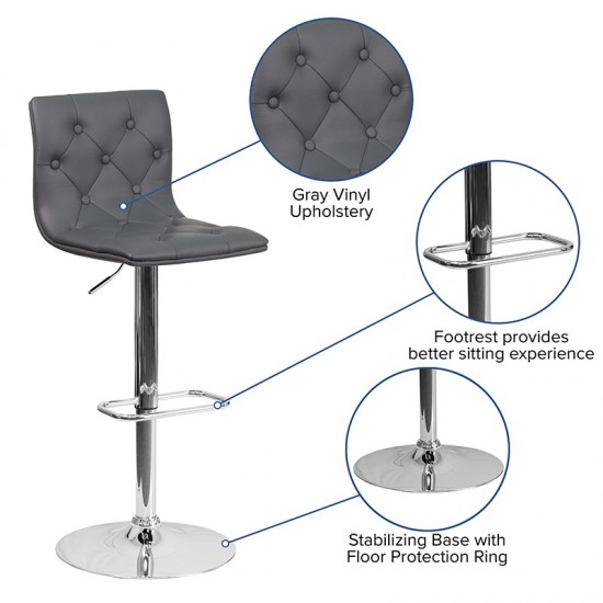 Contemporary Button Tufted Gray Vinyl Adjustable Height Barstool with Chrome Base