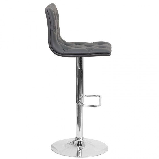 Contemporary Button Tufted Gray Vinyl Adjustable Height Barstool with Chrome Base