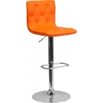 Contemporary Button Tufted Orange Vinyl Adjustable Height Barstool with Chrome Base