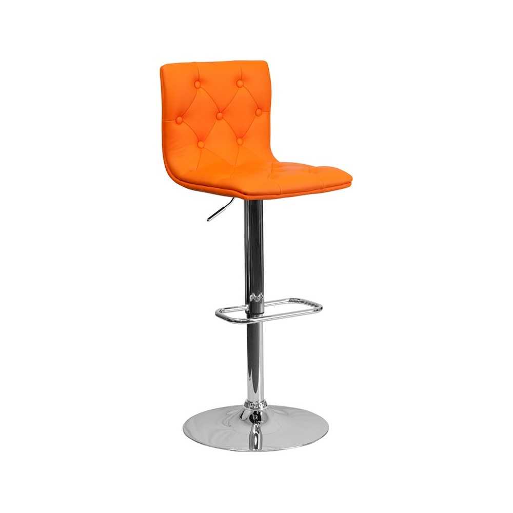 Contemporary Button Tufted Orange Vinyl Adjustable Height Barstool with Chrome Base