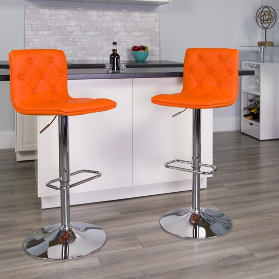 Contemporary Button Tufted Orange Vinyl Adjustable Height Barstool with Chrome Base