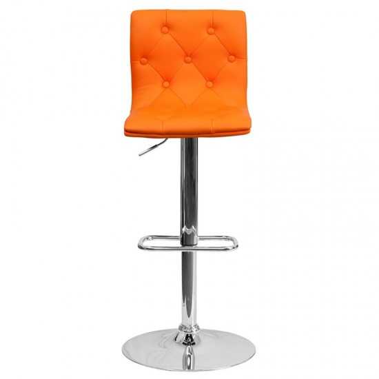 Contemporary Button Tufted Orange Vinyl Adjustable Height Barstool with Chrome Base