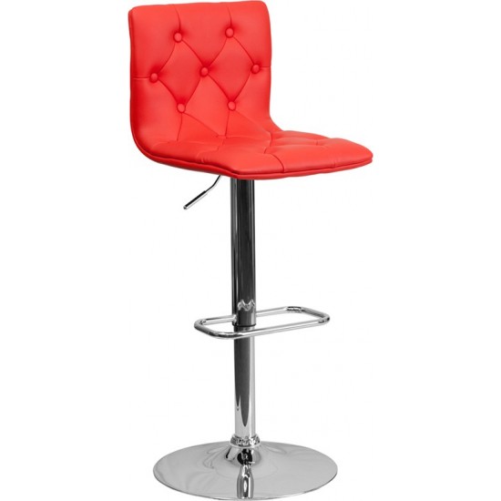 Contemporary Button Tufted Red Vinyl Adjustable Height Barstool with Chrome Base