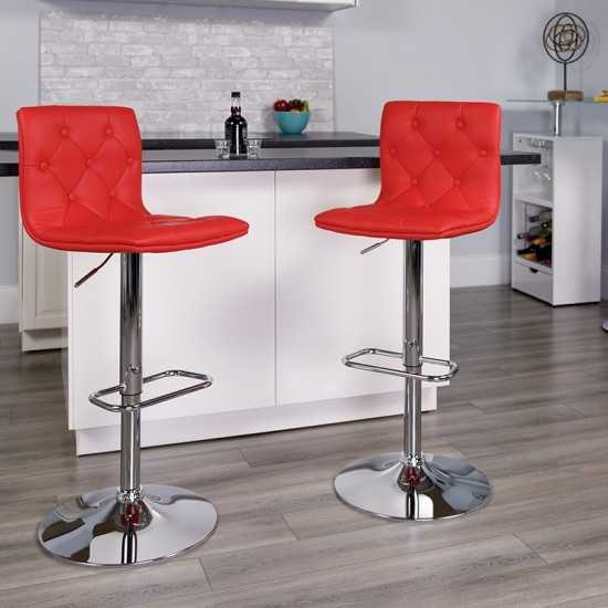 Contemporary Button Tufted Red Vinyl Adjustable Height Barstool with Chrome Base