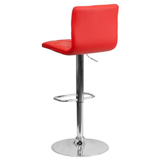 Contemporary Button Tufted Red Vinyl Adjustable Height Barstool with Chrome Base