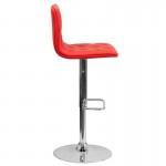 Contemporary Button Tufted Red Vinyl Adjustable Height Barstool with Chrome Base