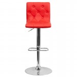 Contemporary Button Tufted Red Vinyl Adjustable Height Barstool with Chrome Base