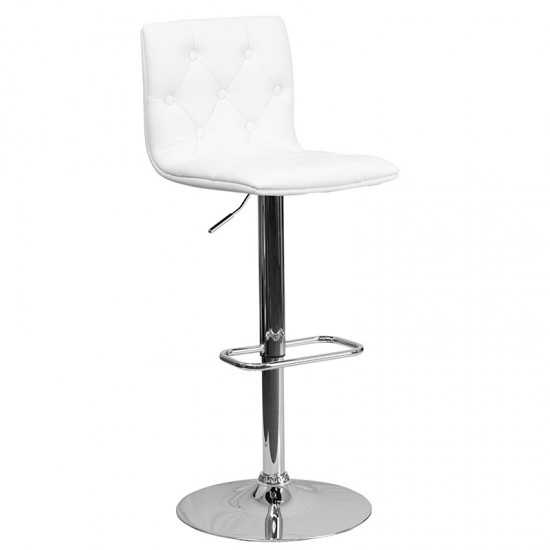 Contemporary Button Tufted White Vinyl Adjustable Height Barstool with Chrome Base