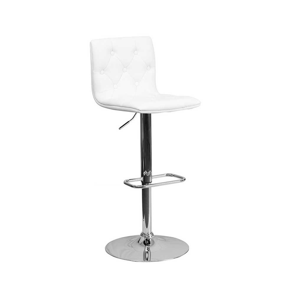 Contemporary Button Tufted White Vinyl Adjustable Height Barstool with Chrome Base