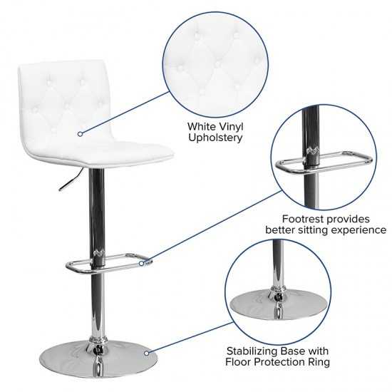 Contemporary Button Tufted White Vinyl Adjustable Height Barstool with Chrome Base