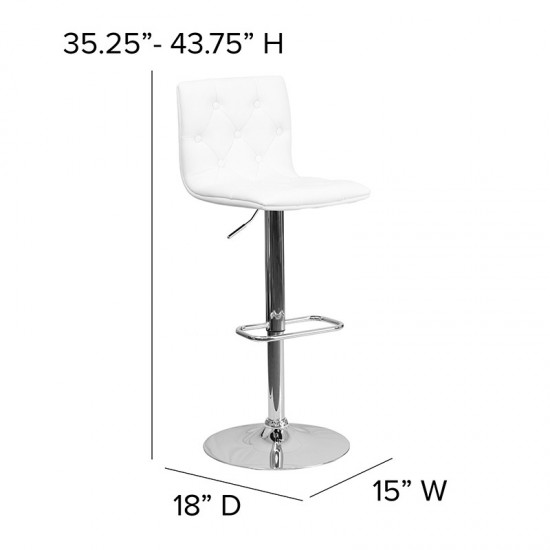 Contemporary Button Tufted White Vinyl Adjustable Height Barstool with Chrome Base