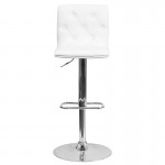 Contemporary Button Tufted White Vinyl Adjustable Height Barstool with Chrome Base