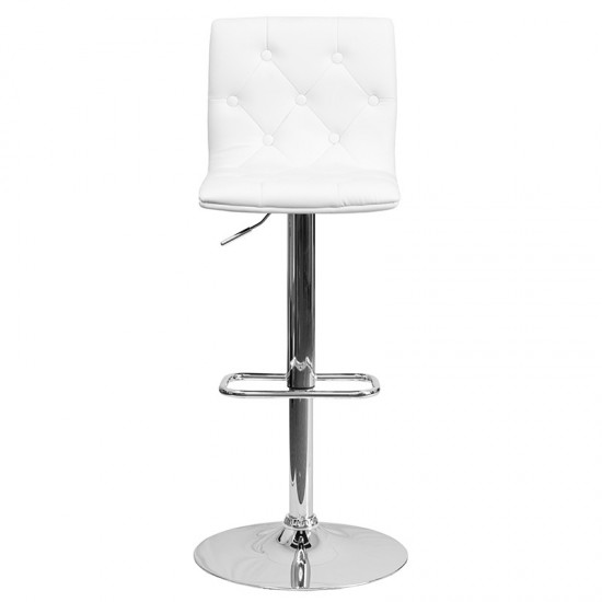 Contemporary Button Tufted White Vinyl Adjustable Height Barstool with Chrome Base