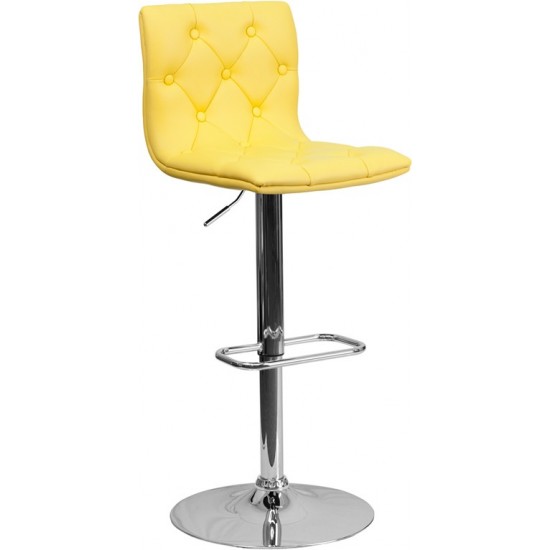 Contemporary Button Tufted Yellow Vinyl Adjustable Height Barstool with Chrome Base