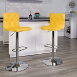 Contemporary Button Tufted Yellow Vinyl Adjustable Height Barstool with Chrome Base