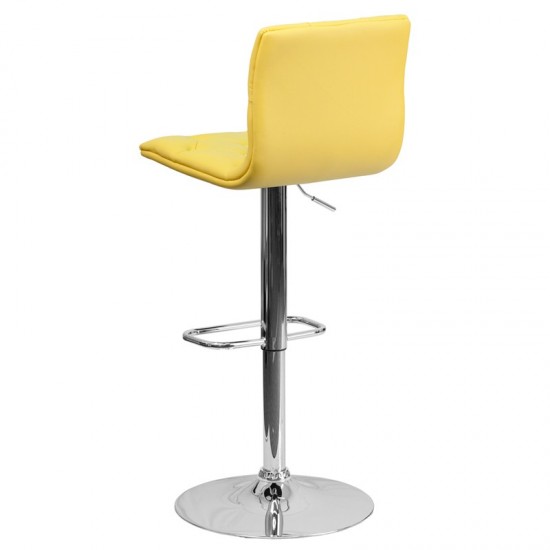 Contemporary Button Tufted Yellow Vinyl Adjustable Height Barstool with Chrome Base