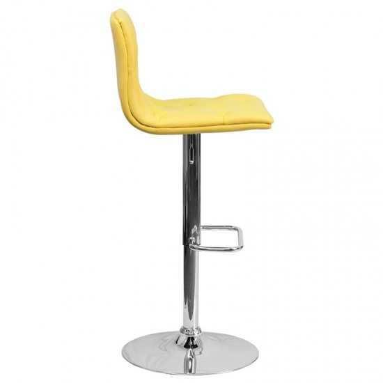 Contemporary Button Tufted Yellow Vinyl Adjustable Height Barstool with Chrome Base