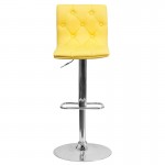 Contemporary Button Tufted Yellow Vinyl Adjustable Height Barstool with Chrome Base