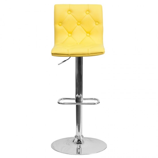 Contemporary Button Tufted Yellow Vinyl Adjustable Height Barstool with Chrome Base