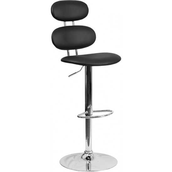 Contemporary Black Vinyl Adjustable Height Barstool with Ellipse Back and Chrome Base