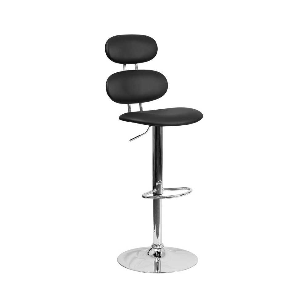 Contemporary Black Vinyl Adjustable Height Barstool with Ellipse Back and Chrome Base