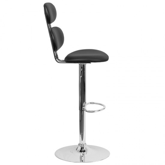 Contemporary Black Vinyl Adjustable Height Barstool with Ellipse Back and Chrome Base