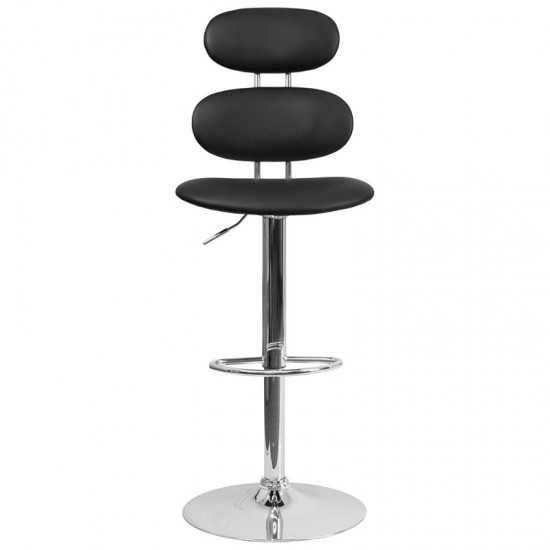 Contemporary Black Vinyl Adjustable Height Barstool with Ellipse Back and Chrome Base