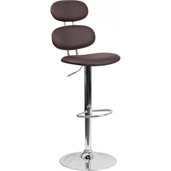 Contemporary Brown Vinyl Adjustable Height Barstool with Ellipse Back and Chrome Base