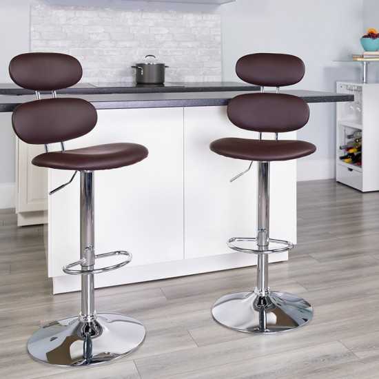 Contemporary Brown Vinyl Adjustable Height Barstool with Ellipse Back and Chrome Base