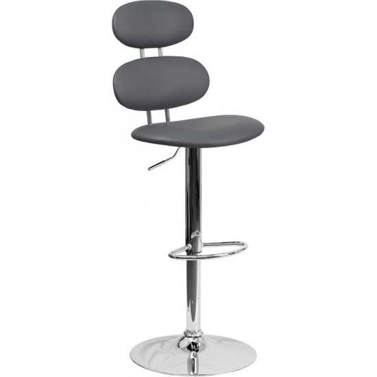 Contemporary Gray Vinyl Adjustable Height Barstool with Ellipse Back and Chrome Base