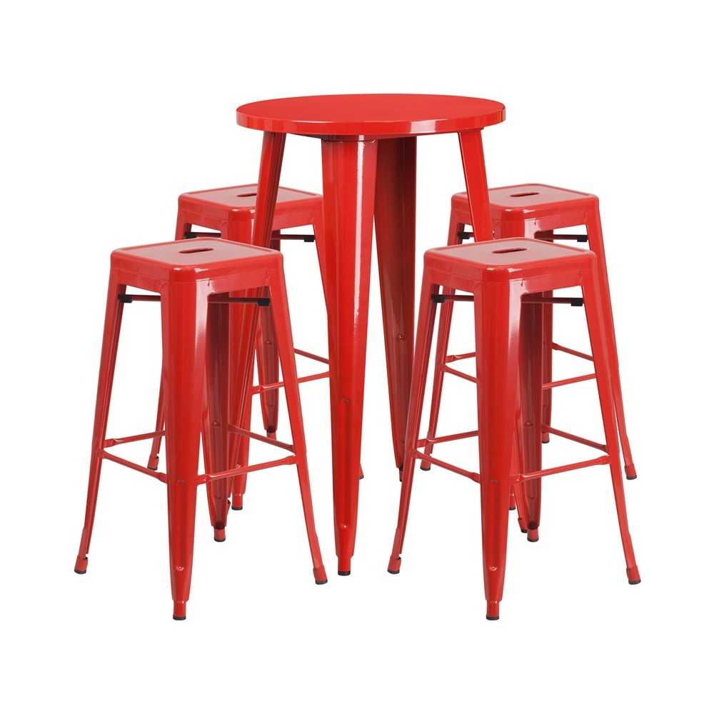 Commercial Grade 24" Round Red Metal Indoor-Outdoor Bar Table Set with 4 Square Seat Backless Stools Commercial Grade 24" Round Red Metal Indoor-Outdoor Bar Table Set with 4 Square Seat Backless Stools