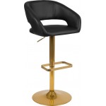 Contemporary Black Vinyl Adjustable Height Barstool with Rounded Mid-Back and Gold Base