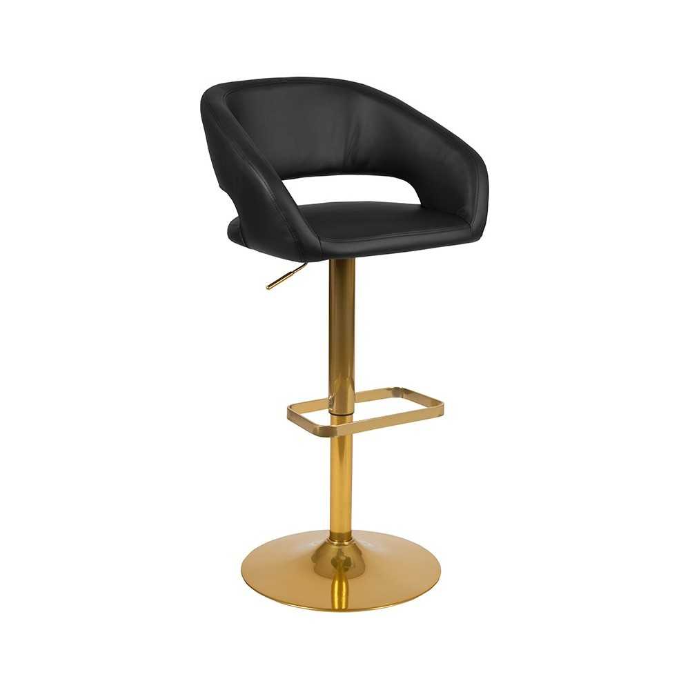 Contemporary Black Vinyl Adjustable Height Barstool with Rounded Mid-Back and Gold Base