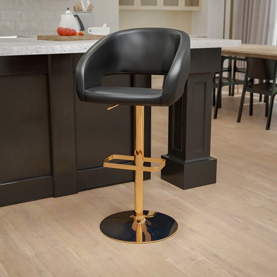 Contemporary Black Vinyl Adjustable Height Barstool with Rounded Mid-Back and Gold Base