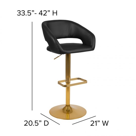 Contemporary Black Vinyl Adjustable Height Barstool with Rounded Mid-Back and Gold Base