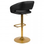 Contemporary Black Vinyl Adjustable Height Barstool with Rounded Mid-Back and Gold Base