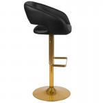 Contemporary Black Vinyl Adjustable Height Barstool with Rounded Mid-Back and Gold Base