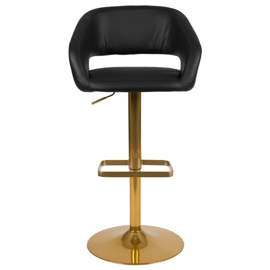 Contemporary Black Vinyl Adjustable Height Barstool with Rounded Mid-Back and Gold Base