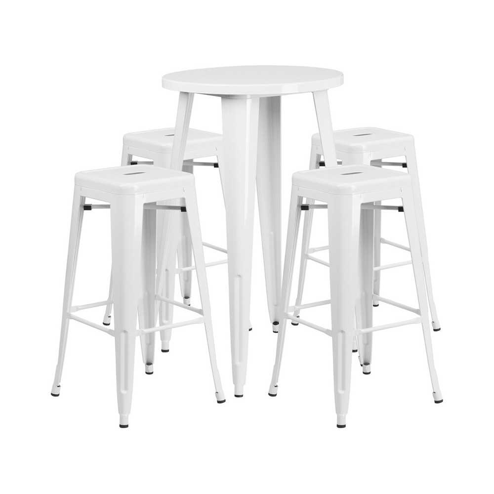 Commercial Grade 24" Round White Metal Indoor-Outdoor Bar Table Set with 4 Square Seat Backless Stools Commercial Grade 24" Round White Metal Indoor-Outdoor Bar Table Set with 4 Square Seat Backless Stools