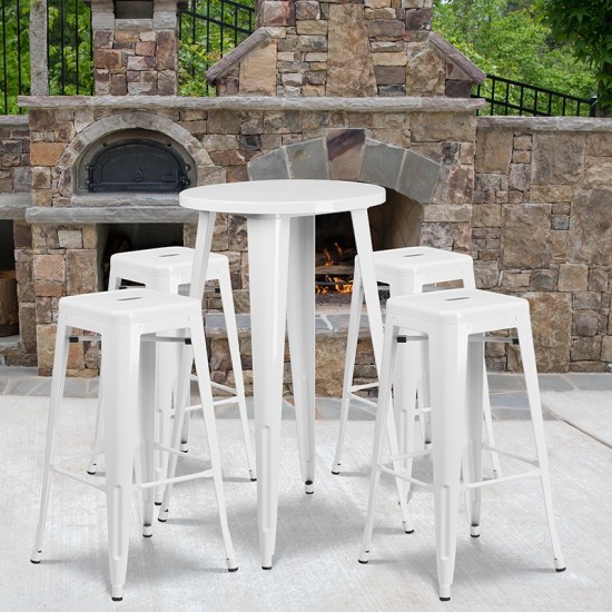 Commercial Grade 24" Round White Metal Indoor-Outdoor Bar Table Set with 4 Square Seat Backless Stools