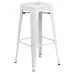 Commercial Grade 24" Round White Metal Indoor-Outdoor Bar Table Set with 4 Square Seat Backless Stools