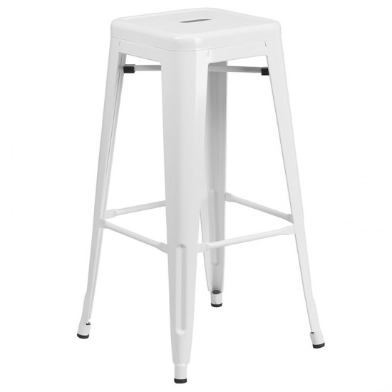 Commercial Grade 24" Round White Metal Indoor-Outdoor Bar Table Set with 4 Square Seat Backless Stools