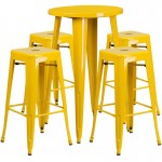 Commercial Grade 24" Round Yellow Metal Indoor-Outdoor Bar Table Set with 4 Square Seat Backless Stools