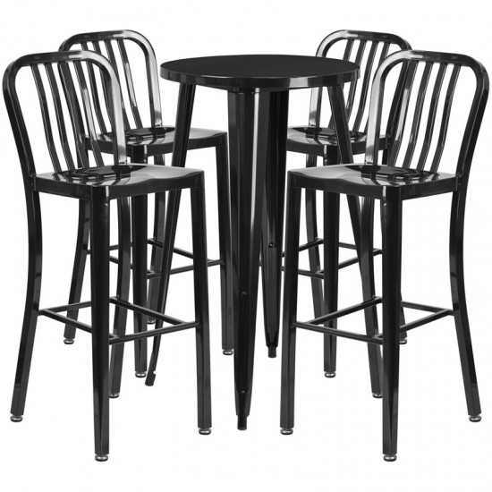 Commercial Grade 24" Round Black Metal Indoor-Outdoor Bar Table Set with 4 Vertical Slat Back Stools