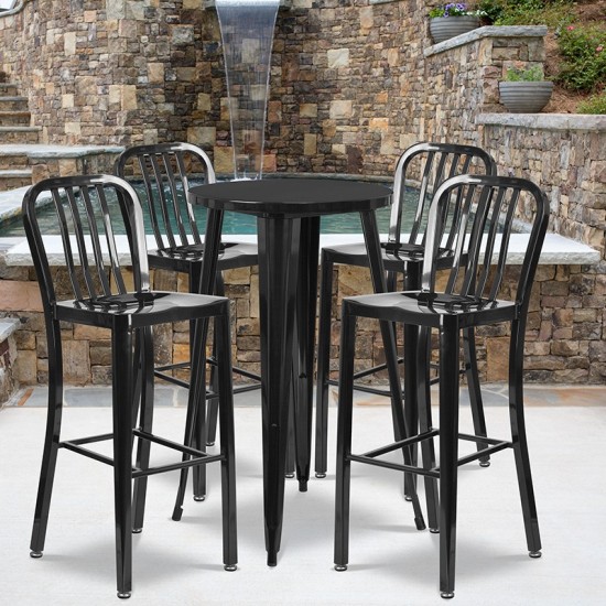 Commercial Grade 24" Round Black Metal Indoor-Outdoor Bar Table Set with 4 Vertical Slat Back Stools