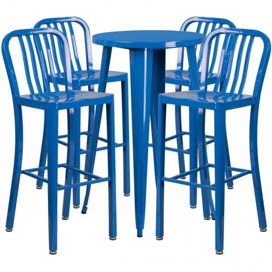 Commercial Grade 24" Round Blue Metal Indoor-Outdoor Bar Table Set with 4 Vertical Slat Back Stools