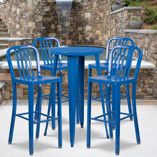 Commercial Grade 24" Round Blue Metal Indoor-Outdoor Bar Table Set with 4 Vertical Slat Back Stools