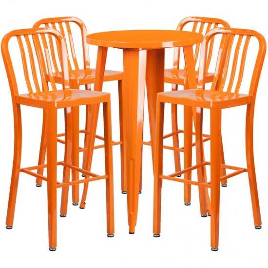 Commercial Grade 24" Round Orange Metal Indoor-Outdoor Bar Table Set with 4 Vertical Slat Back Stools