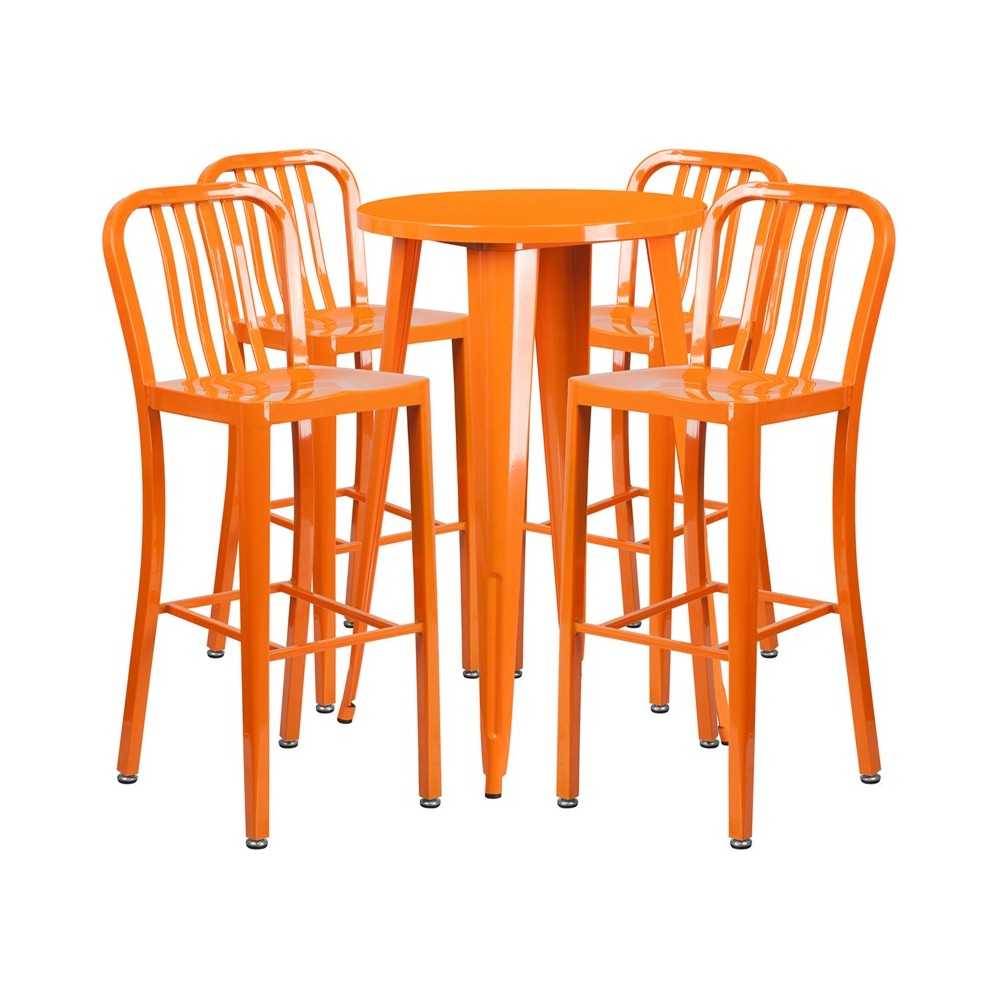 Commercial Grade 24" Round Orange Metal Indoor-Outdoor Bar Table Set with 4 Vertical Slat Back Stools Commercial Grade 24" Round Orange Metal Indoor-Outdoor Bar Table Set with 4 Vertical Slat Back Stools