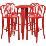 Commercial Grade 24" Round Red Metal Indoor-Outdoor Bar Table Set with 4 Vertical Slat Back Stools